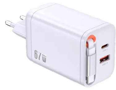Bild von 67W GaN 2-Port Fast Charger integr. USB-C Cable white